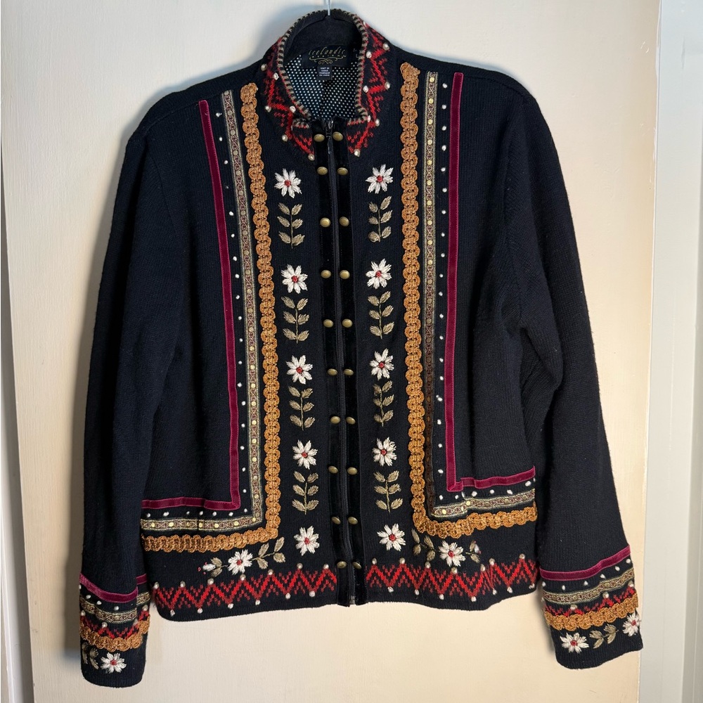 Icelandic Designs wool floral embroidered lined sweater jacket cottagecore Large